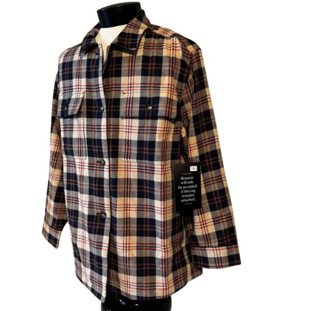 Tuckernuck Womens Plaid Platt Ranch Chore Jacket Cotton Cream Navy‎ Large NWT - Picture 4 of 11